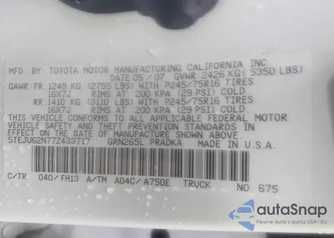 2007 Toyota Tacoma Prerunner V6 from USA, damaged, VIN 5TEJU62N77Z433717